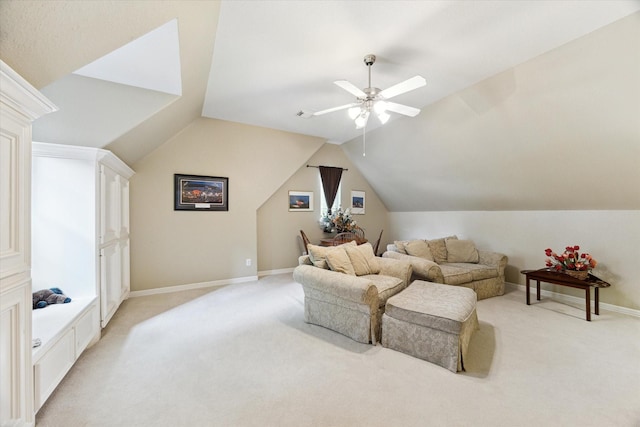 15410 Stable Star Cir, Cypress, TX 77429 - living area featuring light colored carpet, lofted ceiling, and ceiling fan