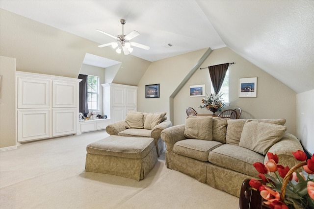 15410 Stable Star Cir, Cypress, TX 77429 - living area featuring vaulted ceiling, light carpet, and ceiling fan