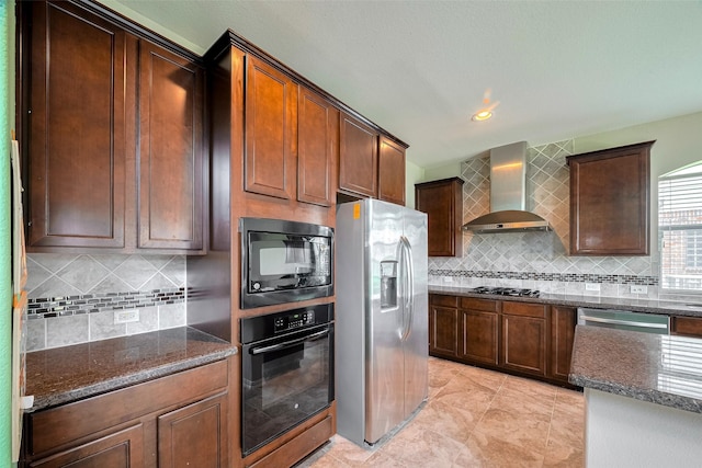 4311 Walden Terrace Ln, Humble, TX 77396 - kitchen featuring black appliances, wall chimney range hood, dark stone countertops, and tasteful backsplash