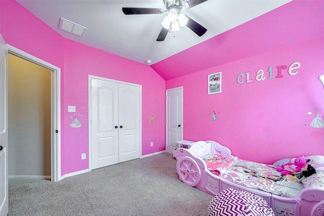 4311 Walden Terrace Ln, Humble, TX 77396 - bedroom featuring carpet, lofted ceiling, a closet, and a ceiling fan