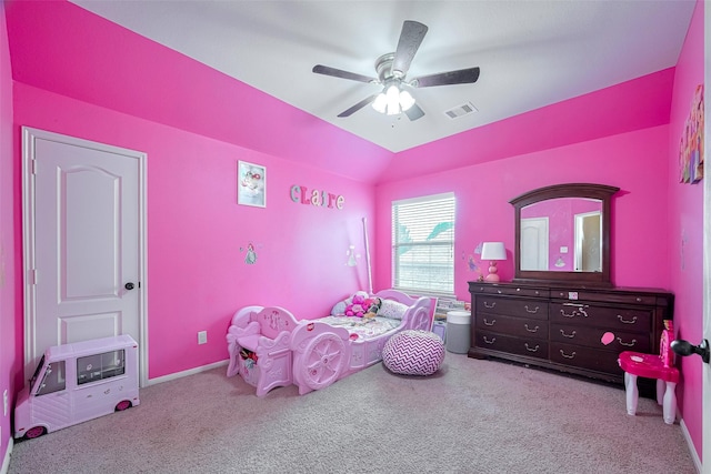 4311 Walden Terrace Ln, Humble, TX 77396 - bedroom with carpet floors, vaulted ceiling, and ceiling fan
