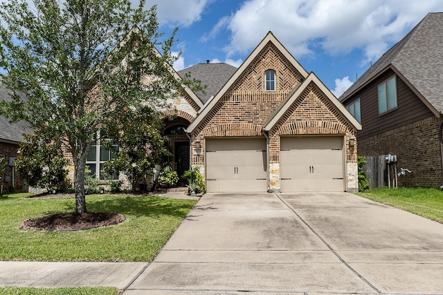 4015 Teramo Ln, Katy, TX 77493 - view of front of home featuring brick siding, concrete driveway, a front lawn, stone siding, and roof with shingles