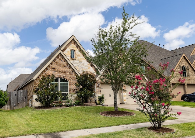 4015 Teramo Ln, Katy, TX 77493 - french country inspired facade featuring driveway, stone siding, brick siding, and roof with shingles