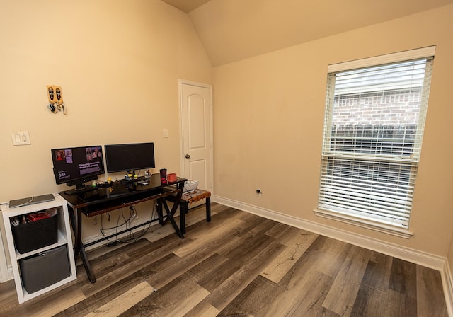4015 Teramo Ln, Katy, TX 77493 - office area with dark wood-style flooring and vaulted ceiling