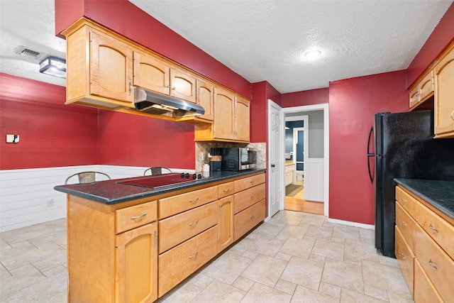 6702 Seinfeld Ct, Houston, TX 77069 - kitchen with black appliances, under cabinet range hood, a textured ceiling, a wainscoted wall, and dark countertops