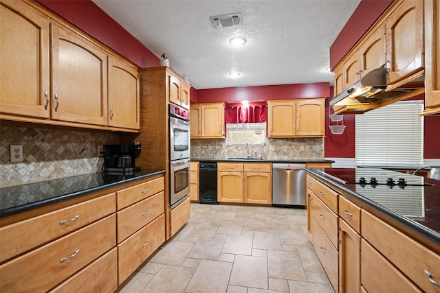 6702 Seinfeld Ct, Houston, TX 77069 - kitchen with stainless steel appliances, dark countertops, a textured ceiling, decorative backsplash, and light stone finish floors