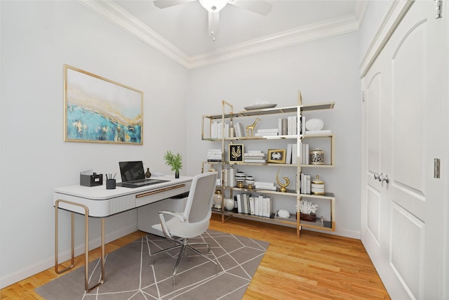 2802 Morrison St Unit 203, Houston, TX 77009 - office area with ornamental molding, wood finished floors, and a ceiling fan