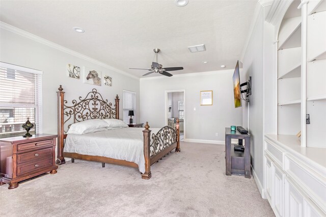 1018 N Commons View Dr, Houston, TX 77336 - bedroom with crown molding, light carpet, recessed lighting, and a ceiling fan
