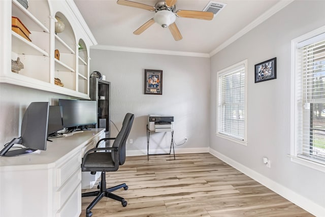 1018 N Commons View Dr, Houston, TX 77336 - office area featuring ornamental molding, a ceiling fan, and light wood finished floors