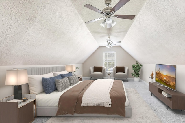 1018 N Commons View Dr, Houston, TX 77336 - carpeted bedroom featuring a textured ceiling, lofted ceiling, and ceiling fan