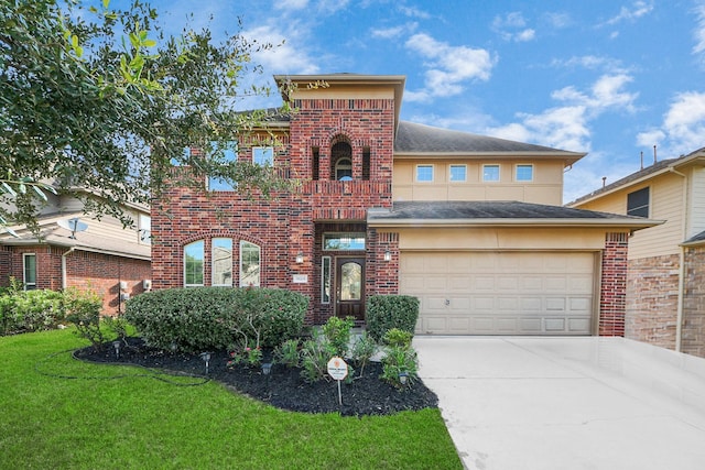 9119 Basin Ridge Ln, Richmond, TX 77407 - view of front of house featuring concrete driveway, brick siding, a front yard, a balcony, and a garage