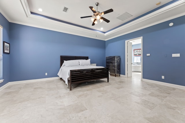 13506 Key Ridge Ln, Cypress, TX 77429 - bedroom with a raised ceiling, crown molding, and a ceiling fan