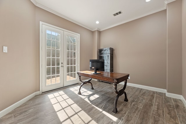 13506 Key Ridge Ln, Cypress, TX 77429 - office area featuring french doors, ornamental molding, wood finished floors, and recessed lighting