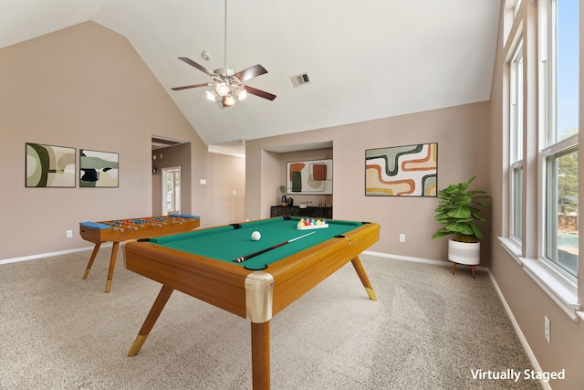 13506 Key Ridge Ln, Cypress, TX 77429 - recreation room featuring a ceiling fan, high vaulted ceiling, billiards, and carpet flooring