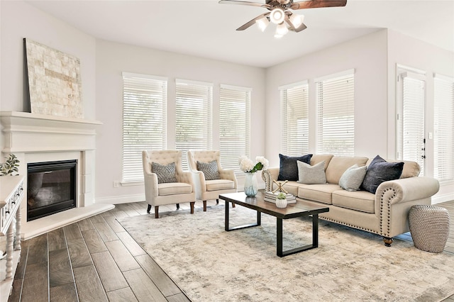 19002 Dublin Bay Blvd, Tomball, TX 77377 - living room with ceiling fan, wood finished floors, and a glass covered fireplace