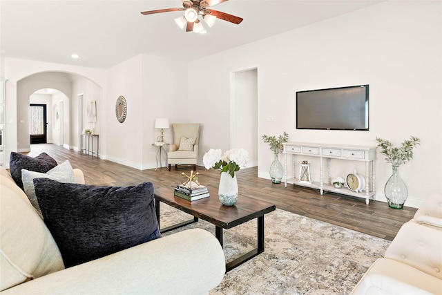 19002 Dublin Bay Blvd, Tomball, TX 77377 - living room featuring arched walkways, ceiling fan, wood finished floors, and recessed lighting