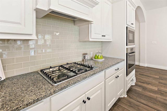 19002 Dublin Bay Blvd, Tomball, TX 77377 - kitchen featuring stainless steel appliances, custom exhaust hood, white cabinetry, tasteful backsplash, and dark wood-type flooring