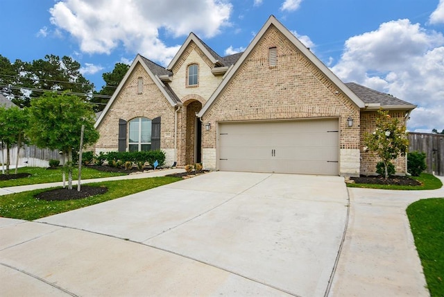 19002 Dublin Bay Blvd, Tomball, TX 77377 - french country home with brick siding, concrete driveway, a garage, and stone siding