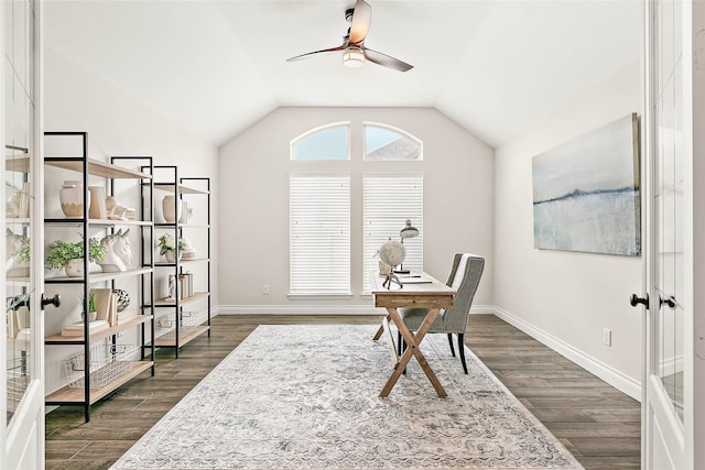 19002 Dublin Bay Blvd, Tomball, TX 77377 - home office with a ceiling fan, dark wood-type flooring, and lofted ceiling