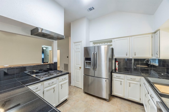 8526 Greenleaf Lake Dr, Houston, TX 77095 - kitchen with stainless steel appliances, exhaust hood, dark countertops, backsplash, and white cabinets