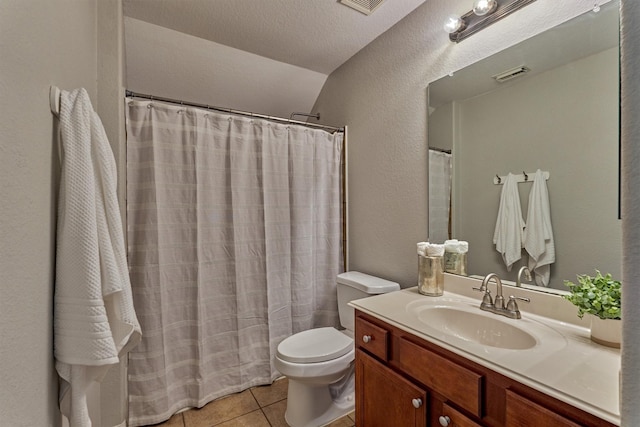 59 Pleasant Point Pl, Spring, TX 77389 - full bathroom with vanity, tile patterned flooring, lofted ceiling, a shower with curtain, and a textured wall