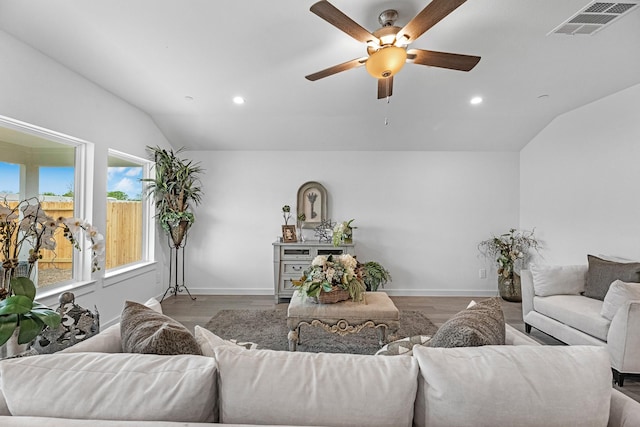 3913 Silver Fls, League City, TX 77573 - living area with lofted ceiling, recessed lighting, a ceiling fan, and wood finished floors