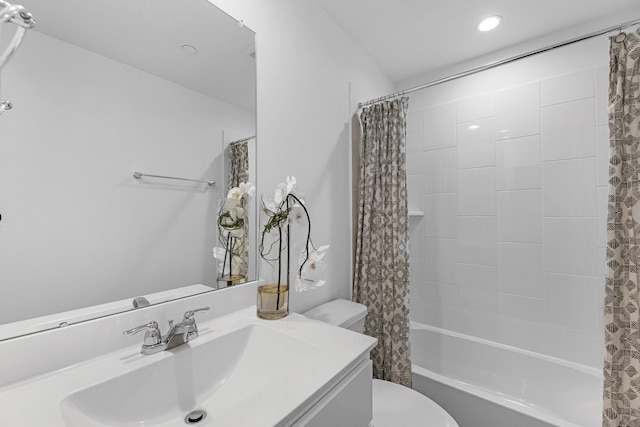 3913 Silver Fls, League City, TX 77573 - bathroom featuring vanity, shower / tub combo with curtain, and recessed lighting