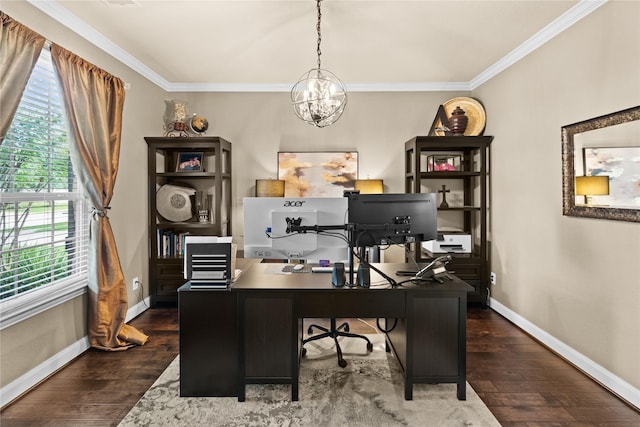 1509 Preserve Ln, Pearland, TX 77089 - office area featuring dark wood-style flooring, a chandelier, and crown molding