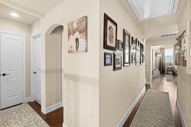 1509 Preserve Ln, Pearland, TX 77089 - hallway featuring dark wood-style flooring, recessed lighting, and attic access