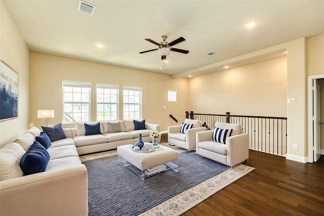 10306 Terra St, Iowa Colony, TX 77583 - living area featuring ceiling fan, dark wood-style floors, and recessed lighting