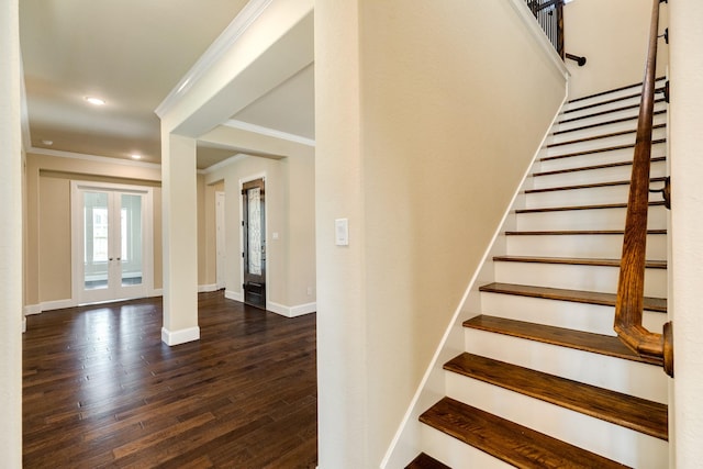10306 Terra St, Iowa Colony, TX 77583 - staircase with crown molding, wood finished floors, french doors, and recessed lighting