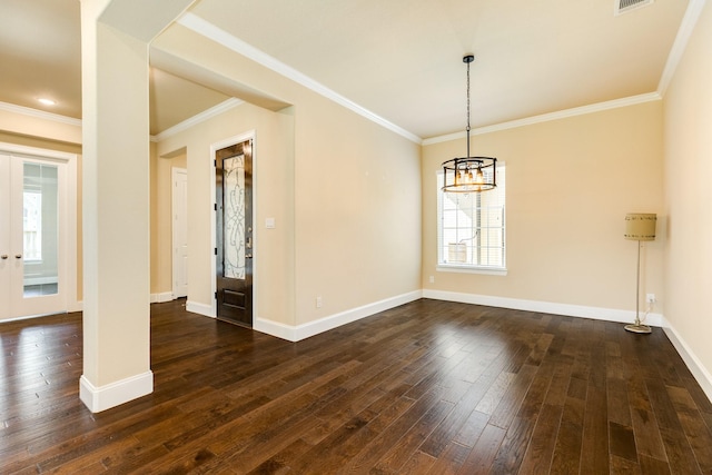 10306 Terra St, Iowa Colony, TX 77583 - unfurnished room with plenty of natural light, dark wood-type flooring, a chandelier, and crown molding
