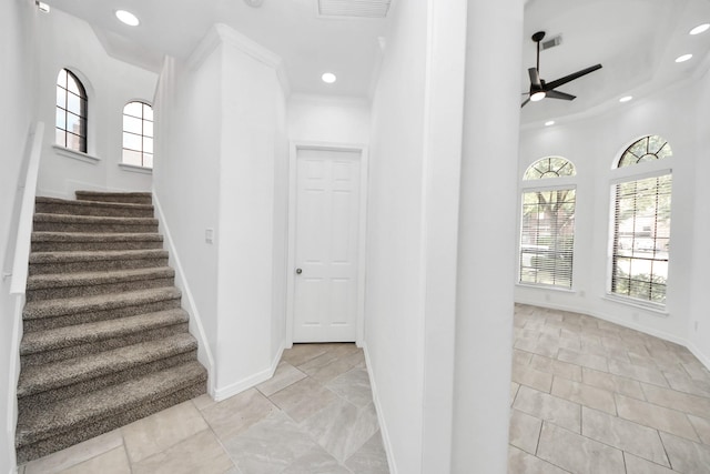 16015 Conners Ace Dr, Spring, TX 77379 - staircase featuring plenty of natural light, recessed lighting, and a ceiling fan