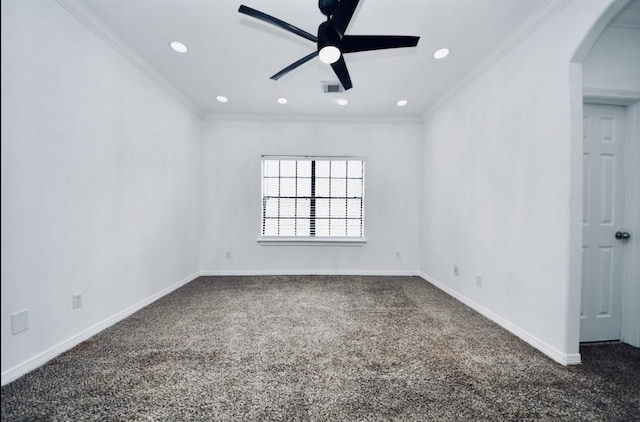 16015 Conners Ace Dr, Spring, TX 77379 - empty room featuring arched walkways, a ceiling fan, crown molding, carpet flooring, and recessed lighting