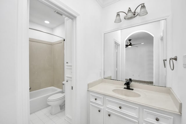 16015 Conners Ace Dr, Spring, TX 77379 - bathroom with vanity, ceiling fan, shower / tub combination, and tile patterned flooring