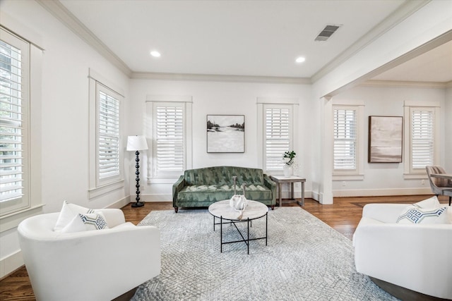 1017 Waverly St Unit B, Houston, TX 77008 - living room with crown molding, plenty of natural light, wood finished floors, and recessed lighting