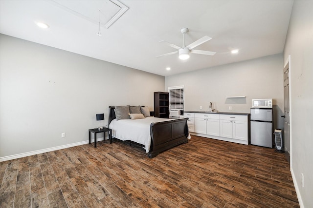 1017 Waverly St Unit B, Houston, TX 77008 - bedroom featuring freestanding refrigerator, attic access, dark wood-style flooring, recessed lighting, and ceiling fan