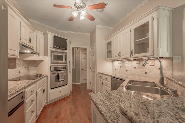 426 County Road 222, Nacogdoches, TX 75965 - kitchen with stainless steel appliances, ceiling fan, under cabinet range hood, glass insert cabinets, and light stone countertops