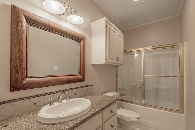 426 County Road 222, Nacogdoches, TX 75965 - full bathroom featuring ornamental molding, vanity, shower / bath combination with glass door, and decorative backsplash