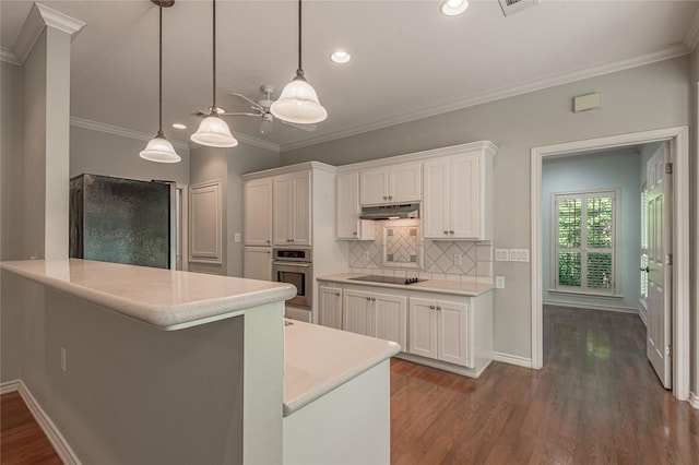 426 County Road 222, Nacogdoches, TX 75965 - kitchen with stainless steel oven, under cabinet range hood, light countertops, dark wood-style floors, and white cabinetry