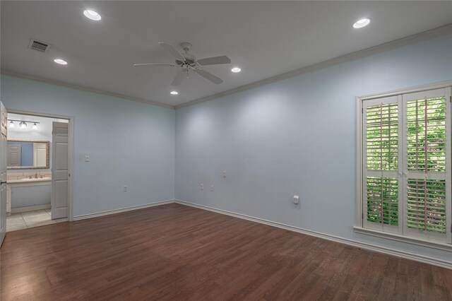 426 County Road 222, Nacogdoches, TX 75965 - unfurnished bedroom with ornamental molding, light wood-style flooring, recessed lighting, connected bathroom, and ceiling fan