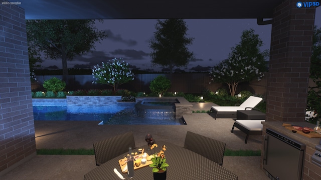 119 Reese Run St, Montgomery, TX 77316 - pool at twilight featuring a patio area, an in-ground hot tub, a fenced backyard, and a fire pit