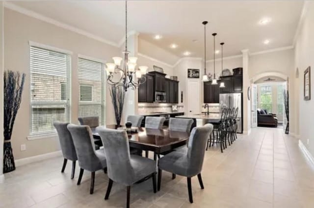 119 Reese Run St, Montgomery, TX 77316 - dining room featuring a chandelier, crown molding, light tile patterned flooring, and recessed lighting