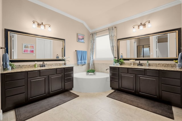 119 Reese Run St, Montgomery, TX 77316 - full bath featuring crown molding, vaulted ceiling, two vanities, a garden tub, and tile patterned floors