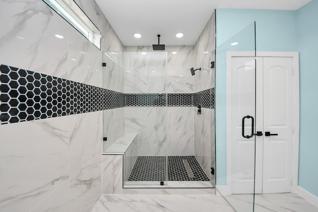 1309 24th St, Dickinson, TX 77539 - full bathroom with a marble finish shower, marble look tiles, and recessed lighting