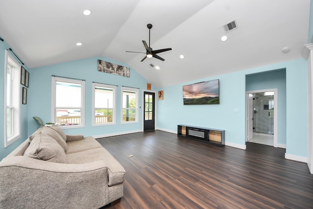 1309 24th St, Dickinson, TX 77539 - living area featuring a ceiling fan, dark wood-type flooring, vaulted ceiling, and recessed lighting