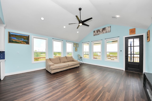 1309 24th St, Dickinson, TX 77539 - living area featuring ceiling fan, vaulted ceiling, plenty of natural light, dark wood-style floors, and recessed lighting