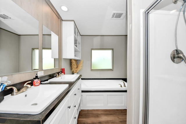 1309 24th St, Dickinson, TX 77539 - bathroom with double vanity, plenty of natural light, a garden tub, and wood finished floors