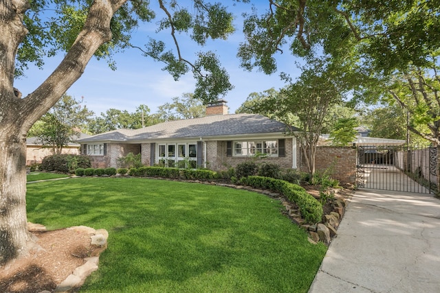 5659 Chevy Chase Dr, Houston, TX 77056 - view of front facade with brick siding, driveway, a chimney, and a gate