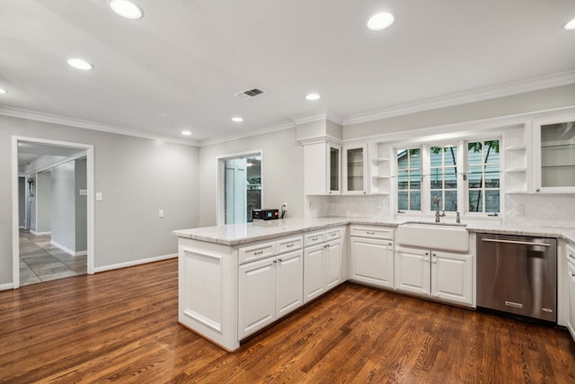 5659 Chevy Chase Dr, Houston, TX 77056 - kitchen featuring stainless steel dishwasher, open shelves, a peninsula, crown molding, and recessed lighting